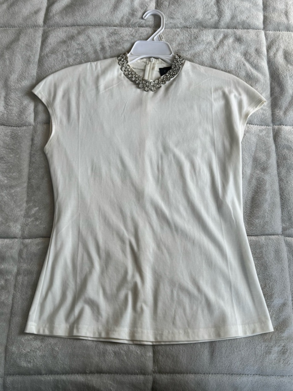 Jeweled Crewneck Cap-Sleeve Blouse in Ivory